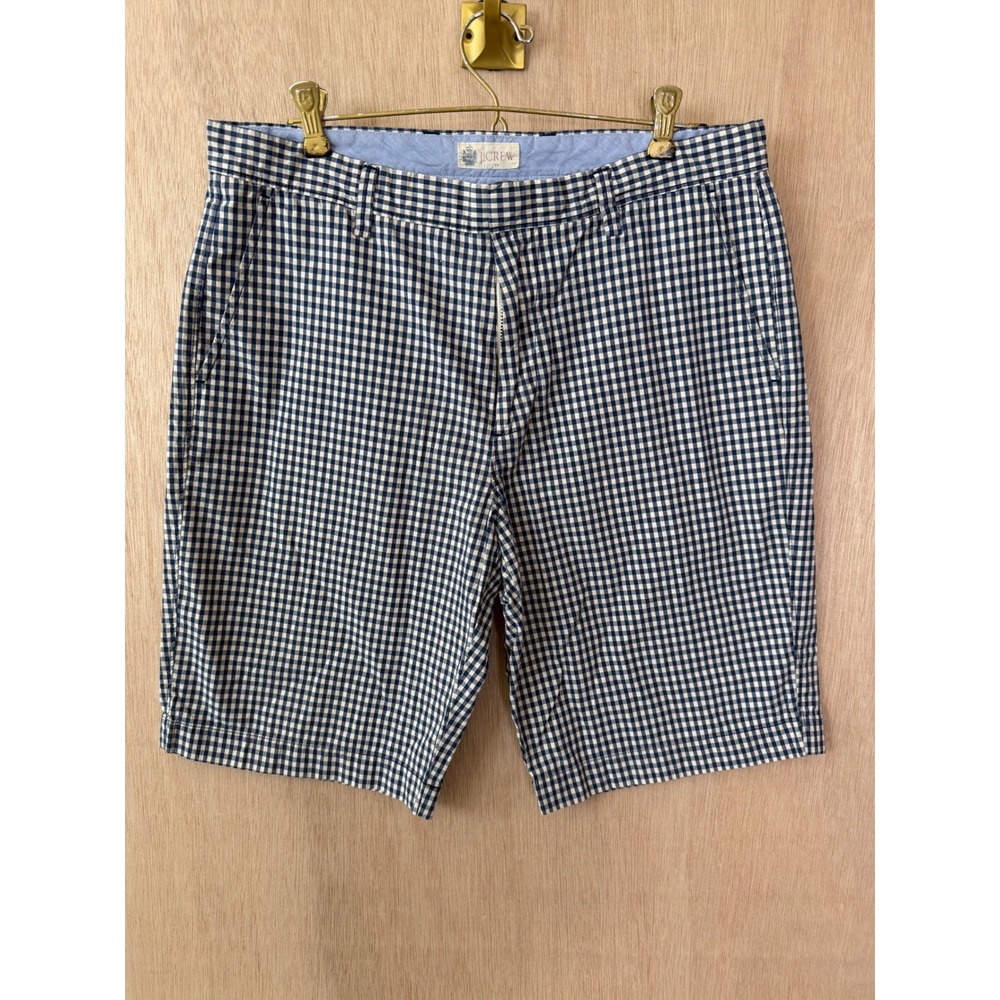 J.Crew Mens Gingham Shorts Blue White Check Cotton Size 33 Flat Front Preppy